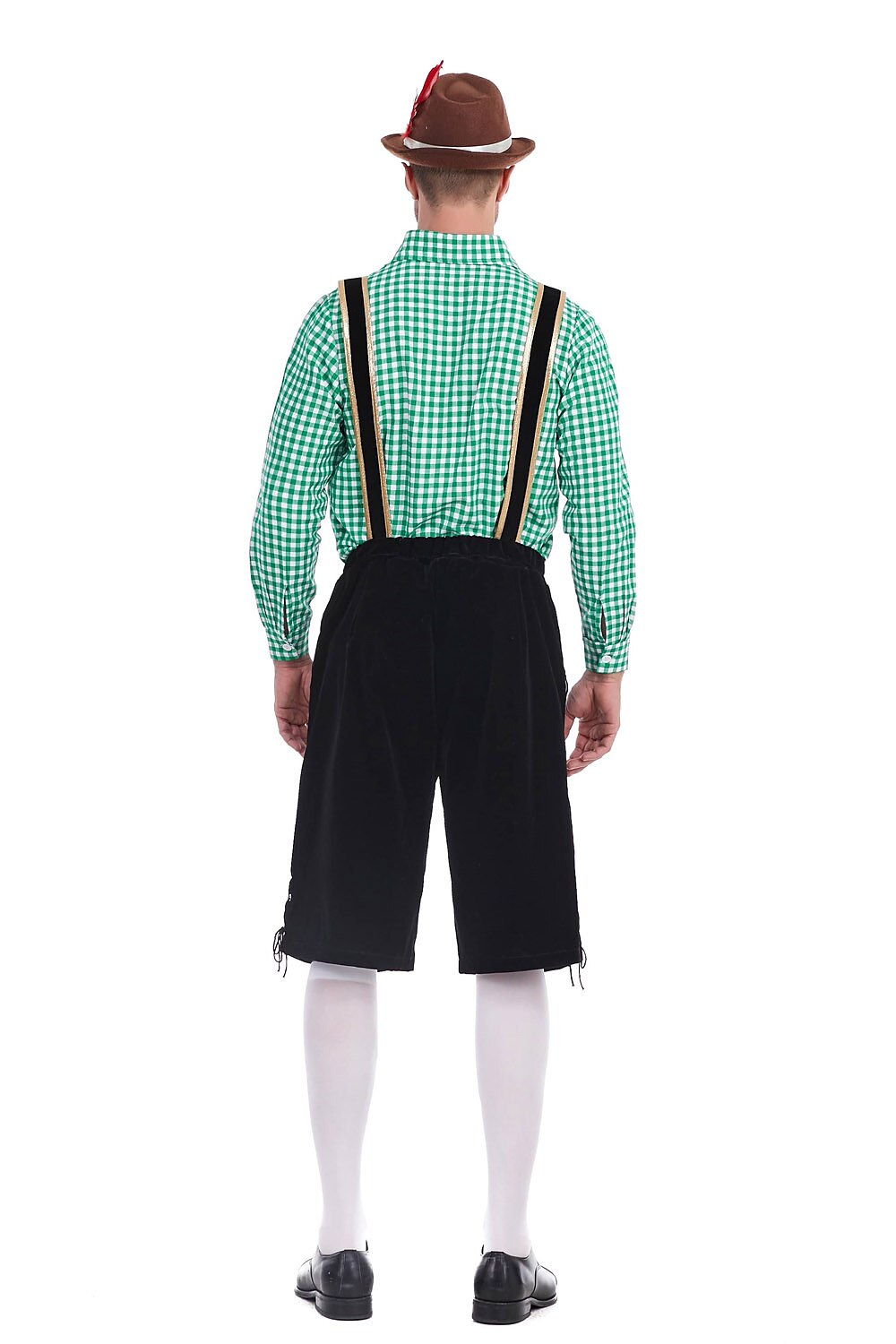 Herren Oktoberfest Kostümset – Lederoptik Hose mit Hosenträgern und kariertem Hemd  