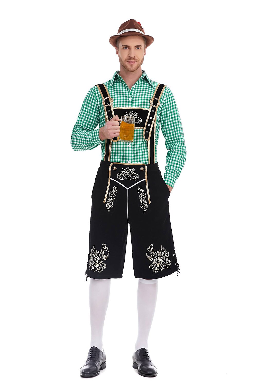 Herren Oktoberfest Kostümset – Lederoptik Hose mit Hosenträgern und kariertem Hemd  