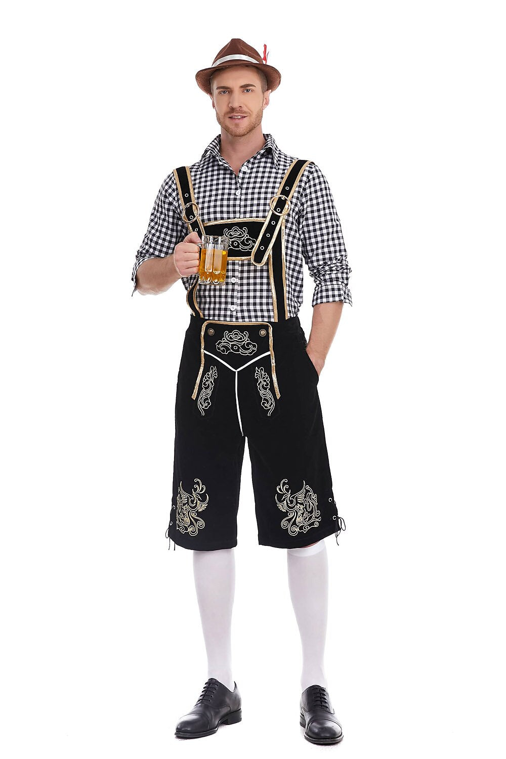 Herren Oktoberfest Kostümset – Lederoptik Hose mit Hosenträgern und kariertem Hemd  