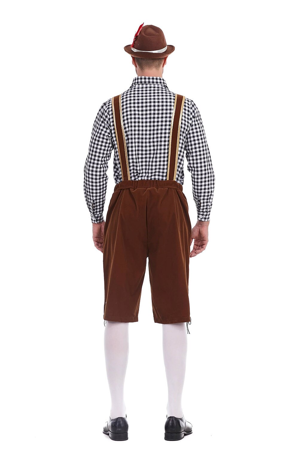 Herren Oktoberfest Kostümset – Lederoptik Hose mit Hosenträgern und kariertem Hemd  