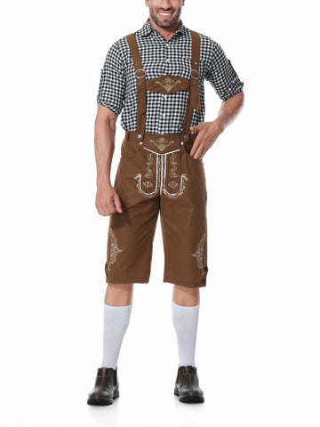 Herren Oktoberfest Kostümset – Lederoptik Hose mit Hosenträgern und kariertem Hemd  