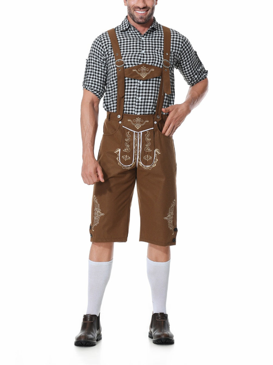 Herren Oktoberfest Kostümset – Lederoptik Hose mit Hosenträgern und kariertem Hemd  
