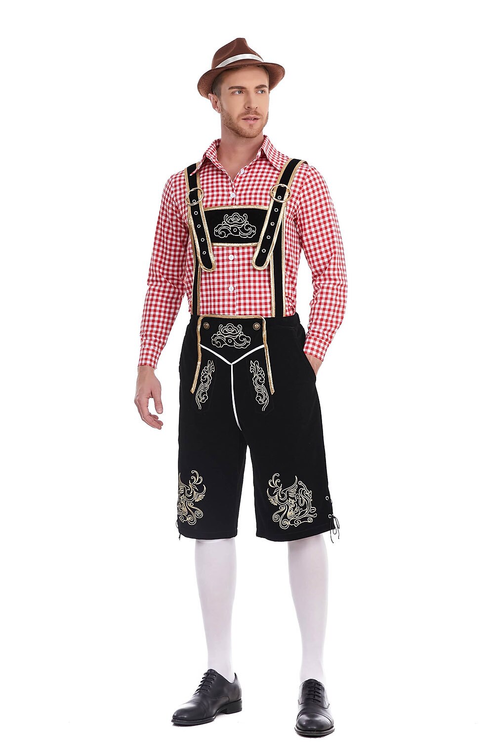 Herren Oktoberfest Kostümset – Lederoptik Hose mit Hosenträgern und kariertem Hemd  
