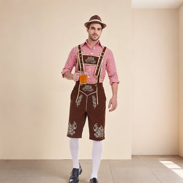 Herren Oktoberfest Kostümset – Lederoptik Hose mit Hosenträgern und kariertem Hemd  