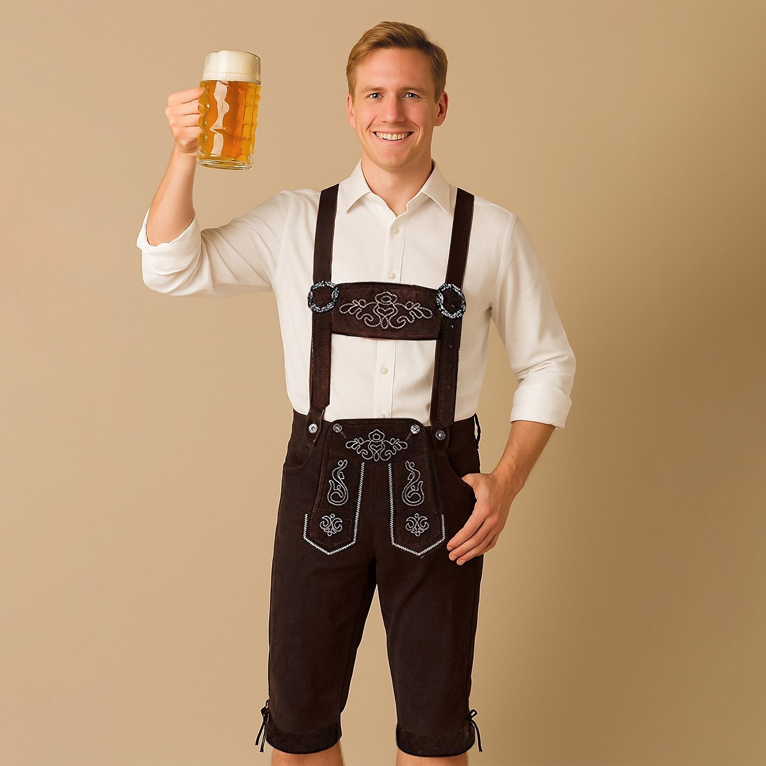 Alpenkraft – Lederhosen-Shorts in Wildleerlook met Borduursel – Oktoberfest Heren