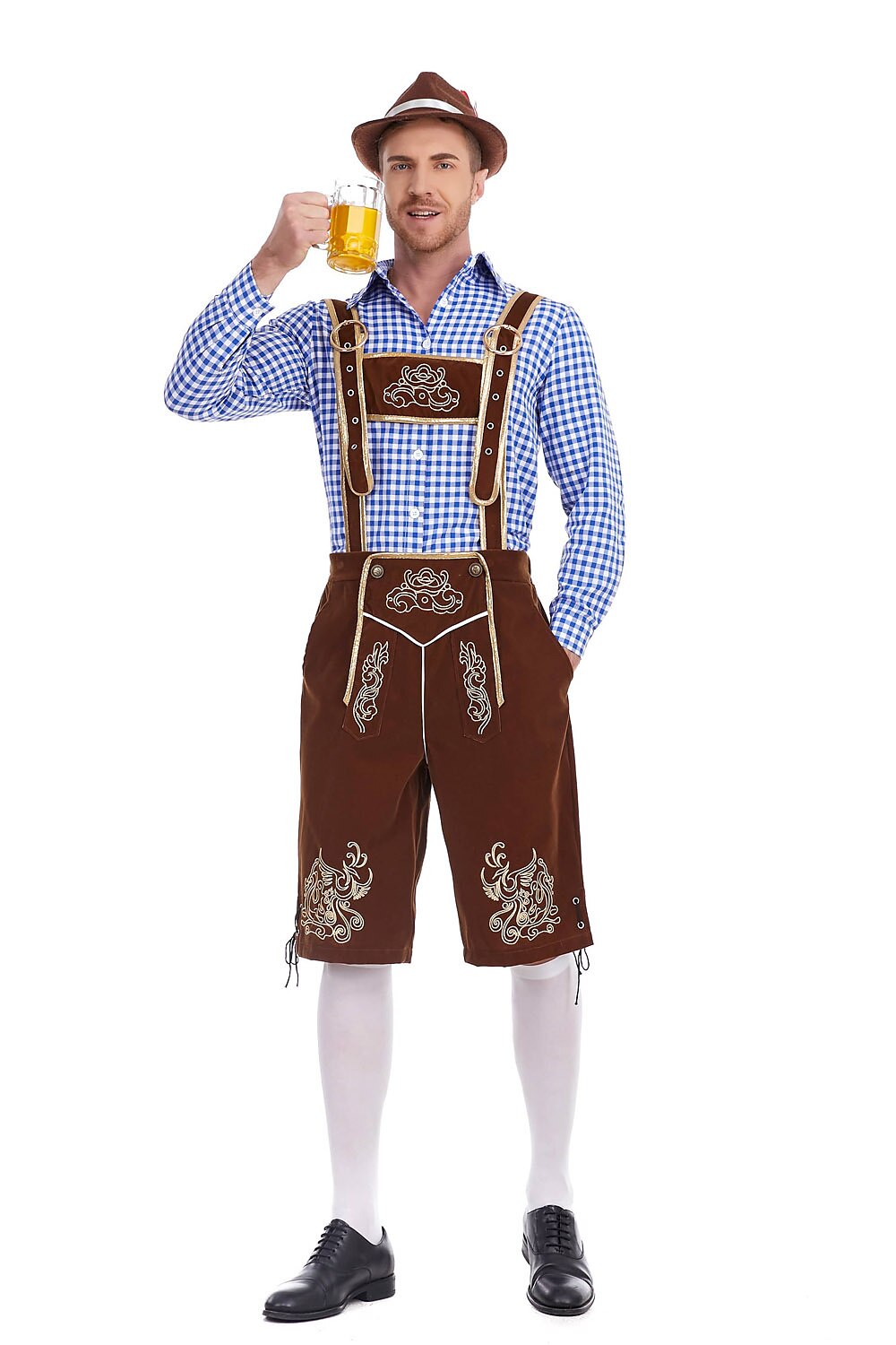 Herren Oktoberfest Kostümset – Lederoptik Hose mit Hosenträgern und kariertem Hemd  
