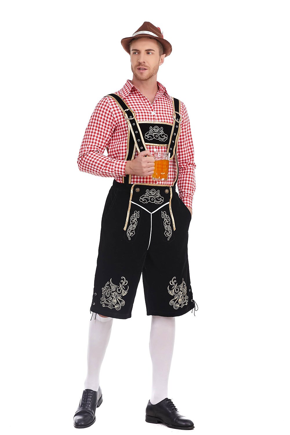 Herren Oktoberfest Kostümset – Lederoptik Hose mit Hosenträgern und kariertem Hemd  