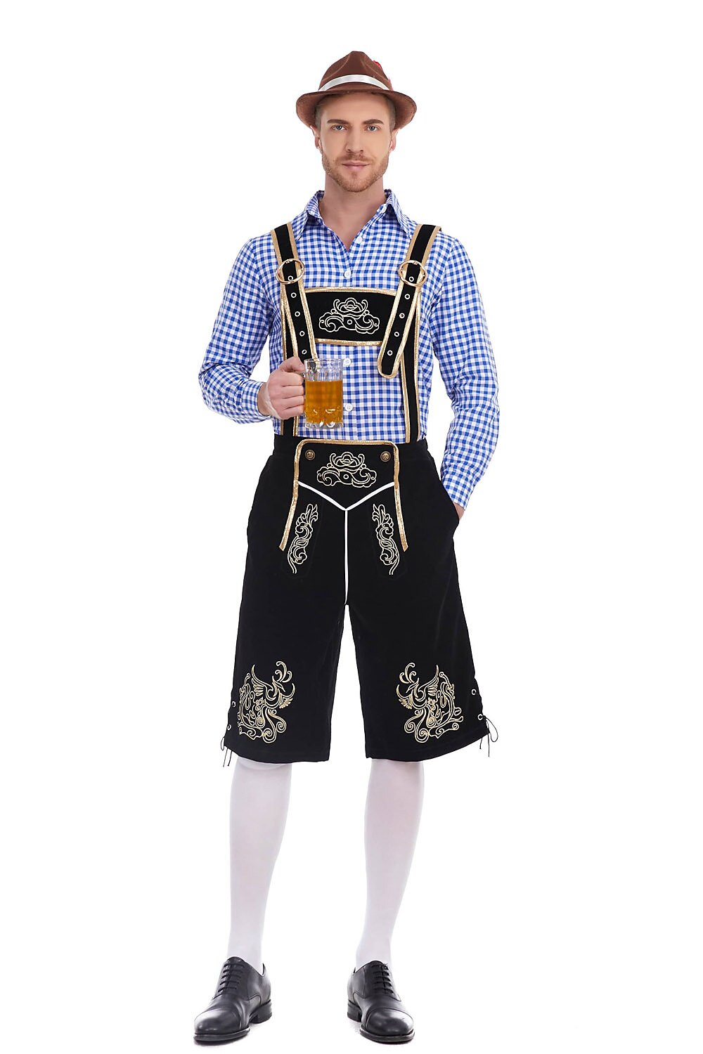 Herren Oktoberfest Kostümset – Lederoptik Hose mit Hosenträgern und kariertem Hemd  