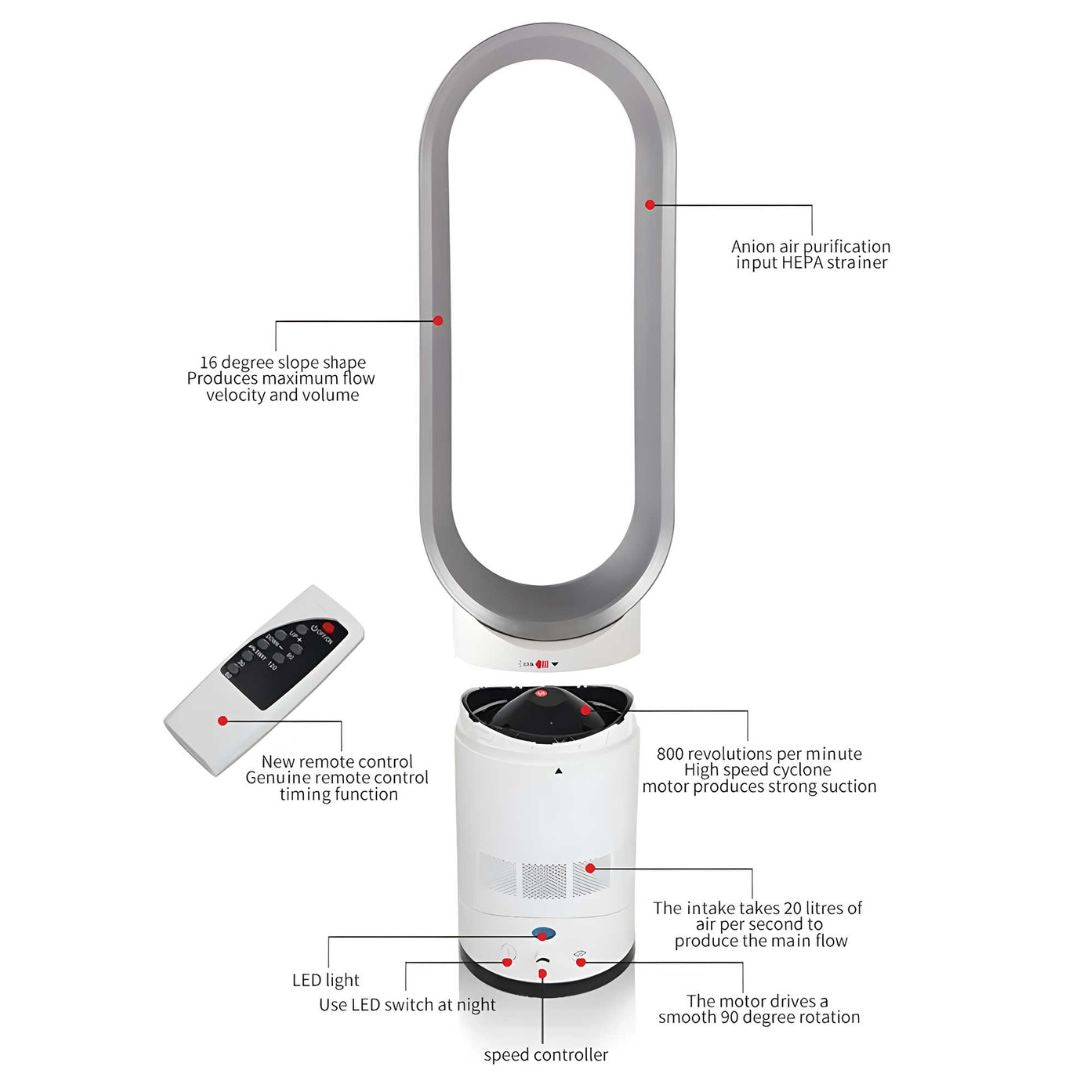 Ventilador sen láminas de 16 polgadas con mando a distancia – Deseño silencioso e seguro