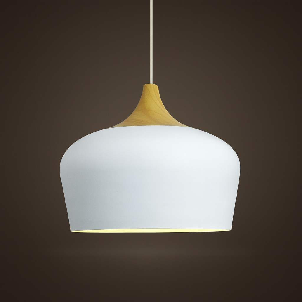 Pastelume – Lámpara colgante retro con madeira e pantalla metálica de cores pastel