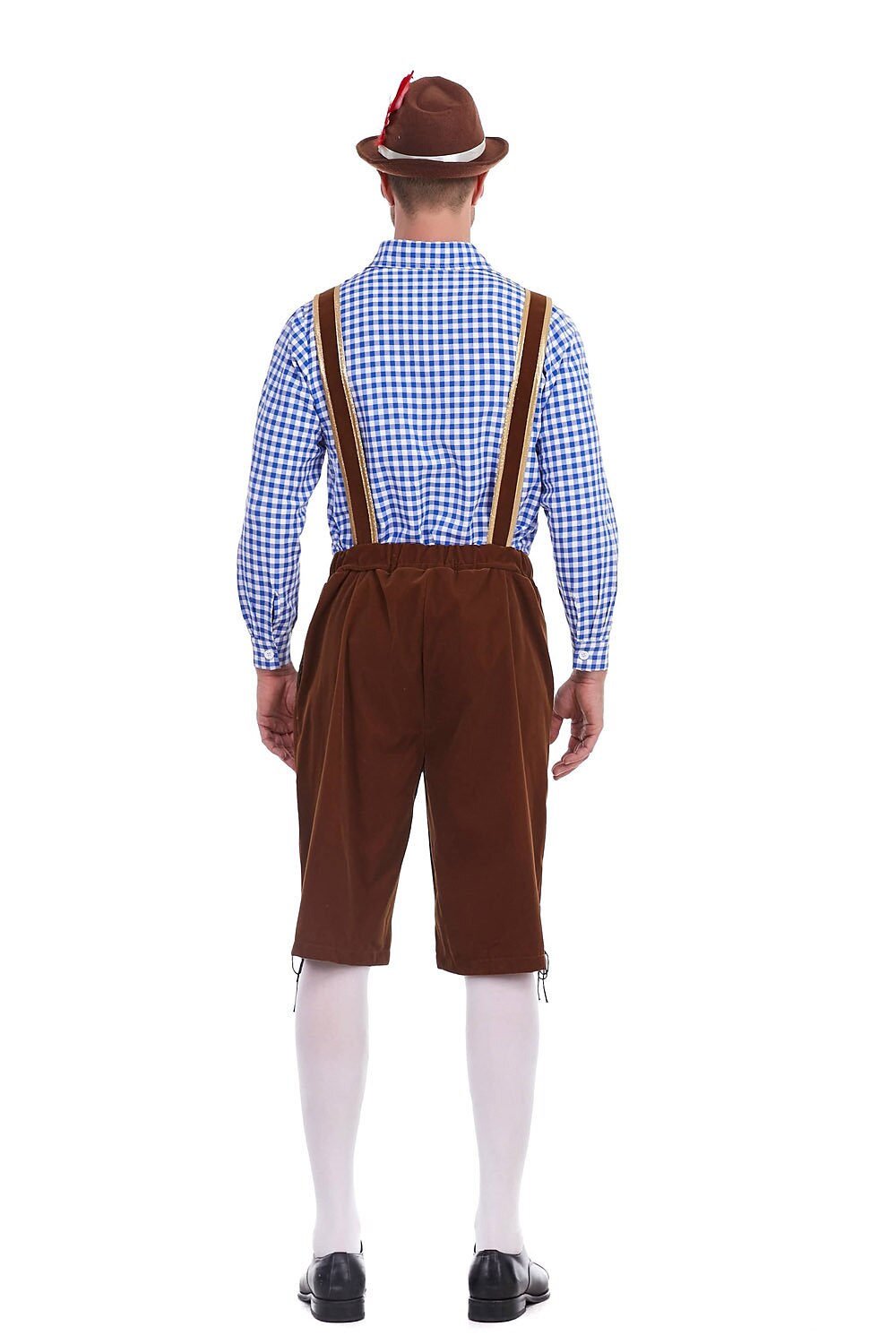 Herren Oktoberfest Kostümset – Lederoptik Hose mit Hosenträgern und kariertem Hemd  