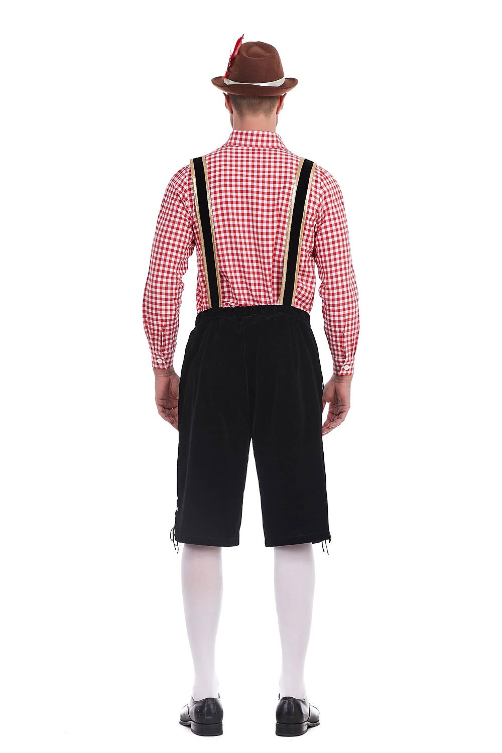 Herren Oktoberfest Kostümset – Lederoptik Hose mit Hosenträgern und kariertem Hemd  