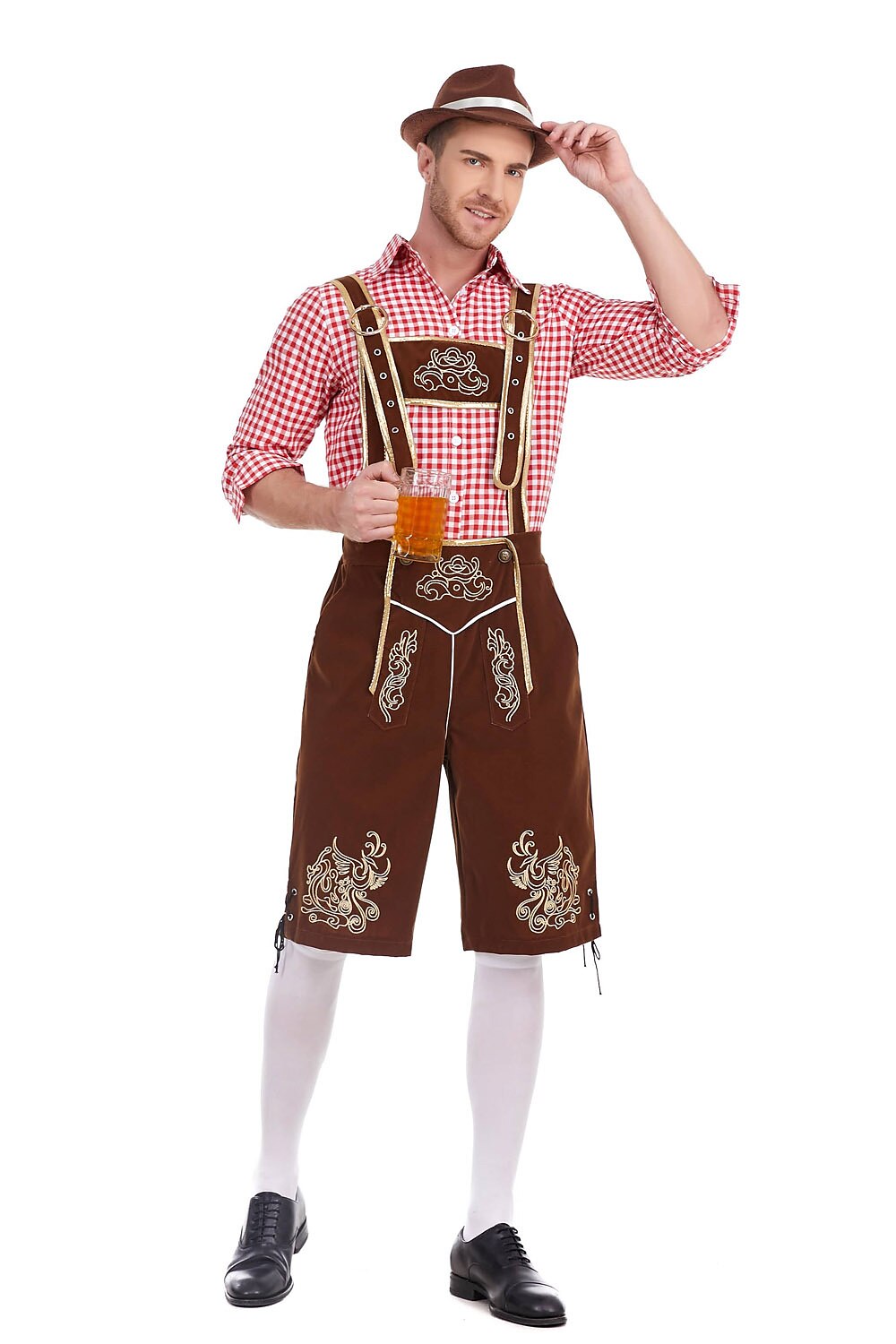 Herren Oktoberfest Kostümset – Lederoptik Hose mit Hosenträgern und kariertem Hemd  