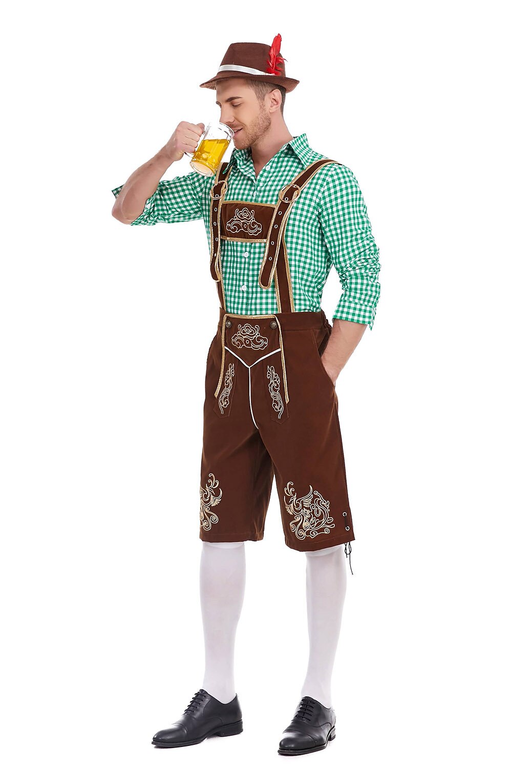 Herren Oktoberfest Kostümset – Lederoptik Hose mit Hosenträgern und kariertem Hemd  