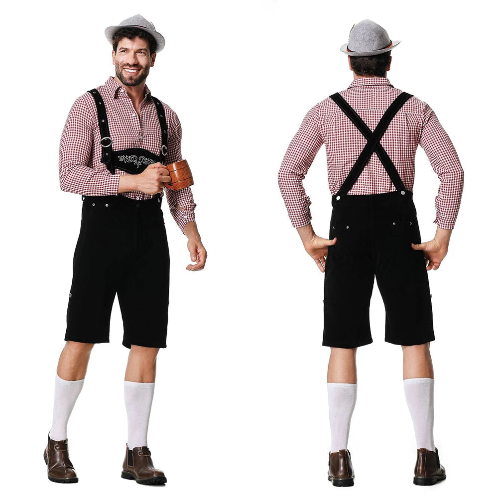 Revalki Lederhosen Kostuum Driedelig - Voor Heren met Geruit Overhemd en Hoed